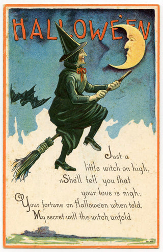 Image of witch dressed in black with a hat flying on broom stick with a moon and bat