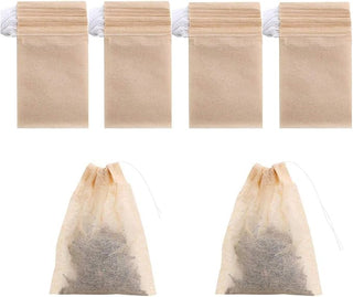 6 photos of light brown tea bag pouches, two filled with loose leaf tea. Google image