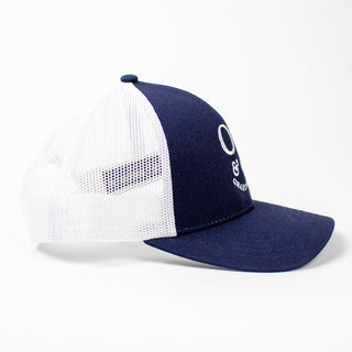 100% Cotton Front, Mesh Back Trucker Hat, navy with OP logo