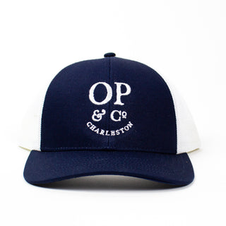 100% Cotton Front, Mesh Back Trucker Hat, navy with OP logo