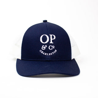 100% Cotton Front, Mesh Back Trucker Hat, navy with OP logo