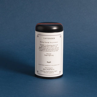 brewing instructions on backside of black tea tin against blue backdrop