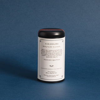 brewing instructions of label of black tea tin against blue background