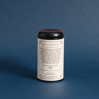 brewing instructions on backside of black tea tin, against blue background