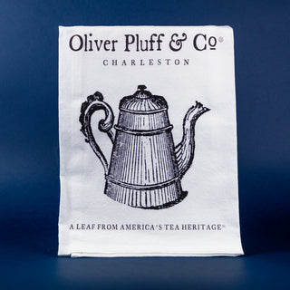 White Tea Towel with old Tea pot design on blue background