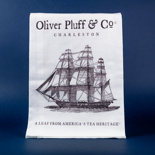 White Tea Towel with Sailing Ship  design on blue background