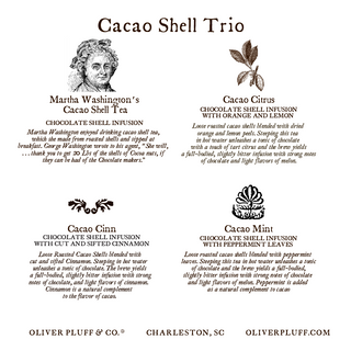 4 black and white photos: Martha Washington, cacao leaves and cacao mint with description of each type of tea represented