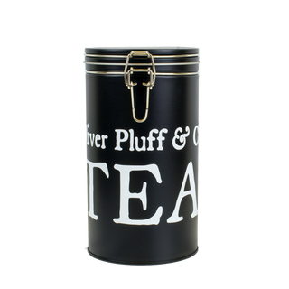 slim tall black latched tea tin with O.P. logo