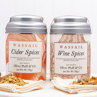 two silver tea tins with 3 Muslin Spice Bags with Drawstrings, Cinnamon Sticks, Cut Ginger, Ground Nutmeg