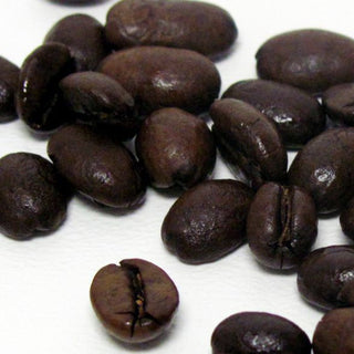 close up view of black whole coffee beans scattered on white plate